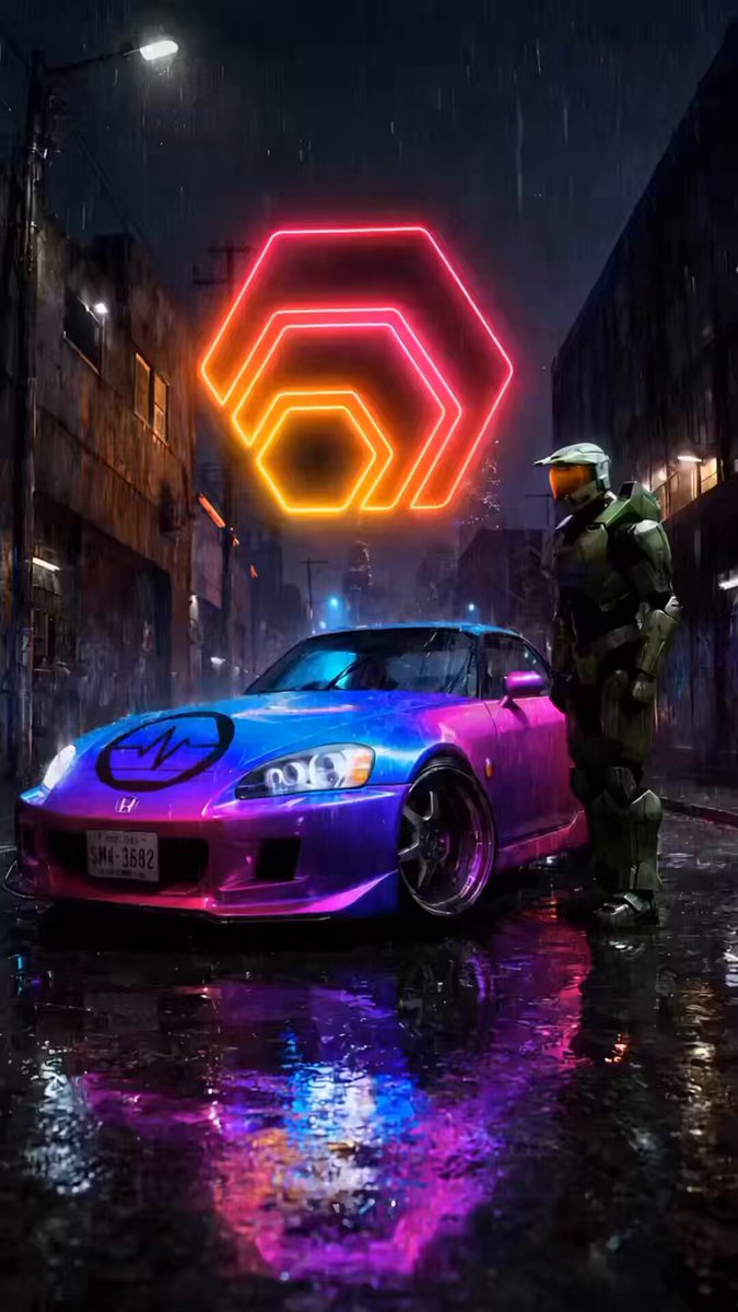 The image features a purple car with a neon sign that reads "HEX" above it. A person dressed as a robot stands next to the car, which has a neon sign on top of it. The background shows a city street at night with buildings in the distance and rain falling from the sky.