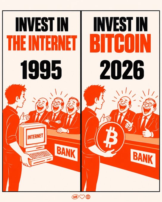 A two-panel orange-and-white illustration comparing a man offering 'INTERNET' in 1995 to a man offering 'BITCOIN' in 2026, with both scenarios showing bankers laughing enthusiastically.