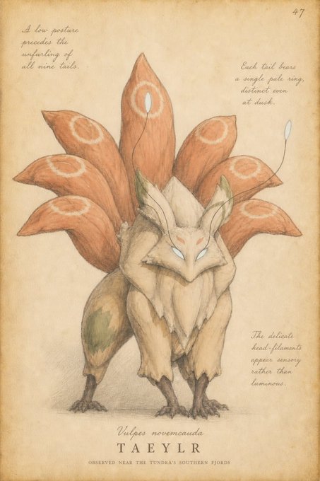 A vintage naturalist-style illustration depicts a creature labeled "Vulpes novemcauda - TAEYLR - OBSERVED NEAR THE TUNDRAY'S SOUTHERN FJORDS," featuring a fox-like body with nine orange tails spread in a fan behind it and annotations noting its low posture, single pale rings on each tail, and delicate bead-filaments. Numbered "47" in the corner and accompanied by field notes about its sensory head filaments, the image presents a whimsical biological sketch that matches the "Vera upgrades?" caption as an imagined bestiary entry celebrating the creature's multi-tailed display.