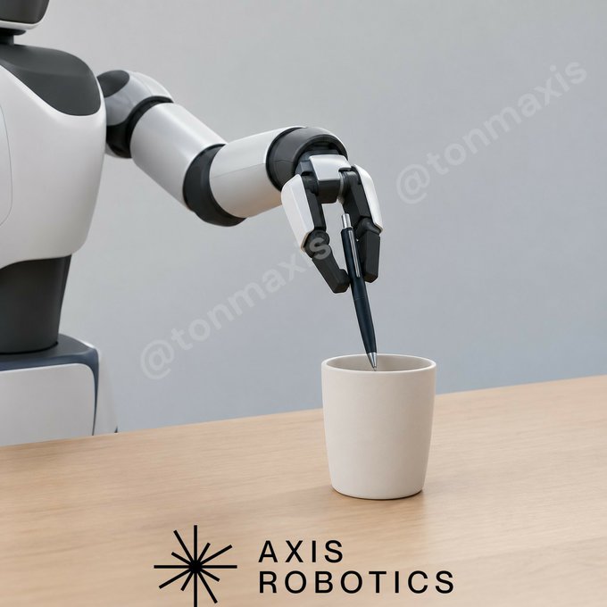 A robotic arm holding a pen above a white cup on a wooden desk, branded with the Axis Robotics logo and watermarked with @tonmaxis.