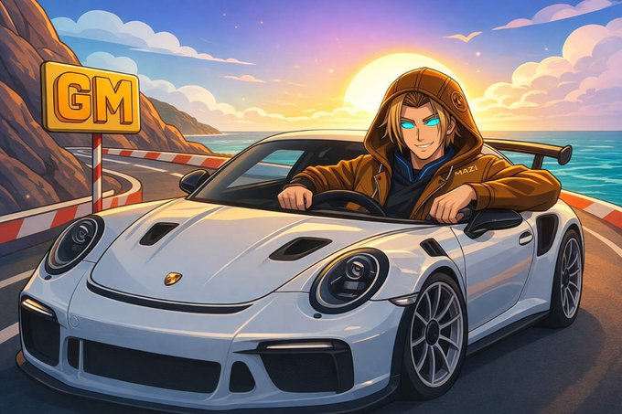An anime-style illustration of a hooded character with glowing blue eyes driving a white sports car along a coastal road, with a yellow "GM" sign visible.