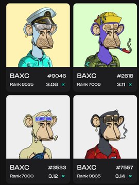 Four Bored Ape Yacht Club NFT profile cards featuring different styled apes with ranks and BAXC scores (e.g., #9046 Rank 6535, #2016 Rank 7006, #3533 Rank 7000, #7557 Rank 9935).