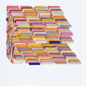 The image features a large, colorful stack of square blocks arranged in an interesting pattern against a white background. The blocks are painted with various colors such as pink, orange, yellow, green, blue, purple, and red. The arrangement of these blocks creates a visually appealing and unique display that captures the viewer's attention.
