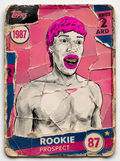 A worn, distressed 1987 Topps 'Series 2' baseball-style trading card labeled 'ROOKIE PROSPECT' with the number 87, depicting an illustrated figure with pink hair, bright pink lipstick, gold teeth, and an exaggerated expression on a pink and blue background.