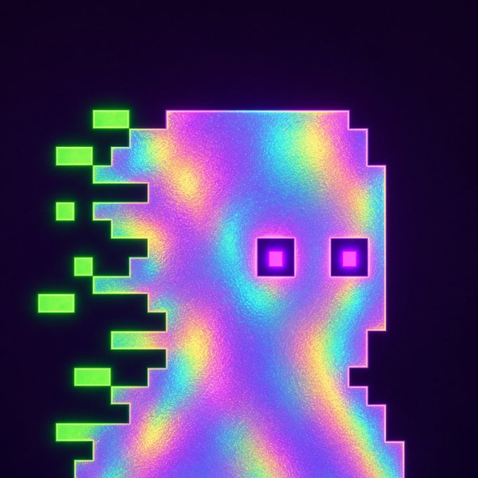 A colorful, iridescent pixel-art style digital illustration of a ghost-like creature featuring purple square eyes and a dissolving green pixelated tail.