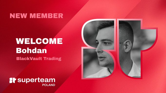 A welcome graphic for new team member Bohdan from BlackVault Trading, joining Superteam Poland, featuring his black and white photo set against a red background with the 'st' logo.