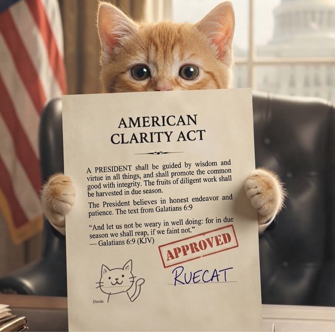 An AI-generated image of an orange kitten sitting in a leather chair holding a document titled 'AMERICAN CLARITY ACT' with an 'APPROVED' stamp signed 'RUECAT'.