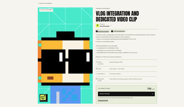 A webpage or document titled "VLOG INTEGRATION AND DEDICATED VIDEO CLIP" featuring a pixel-art style illustration of a character wearing sunglasses on a teal background, with pricing details of 750 EUR visible at the bottom.