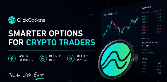 An advertisement for ClickOptions displaying 'SMARTER OPTIONS FOR CRYPTO TRADERS' with features 'FASTER EXECUTION', 'DEFINED RISK', and 'BETTER PRICING', alongside a BTC/USDT trading chart.