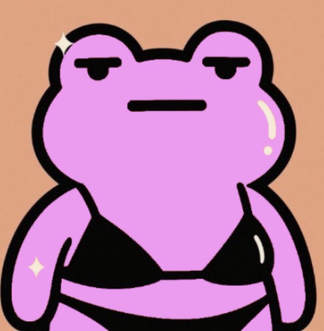 A cartoon illustration of a purple frog wearing a black bikini top with a confident expression and sparkles on a peach background.