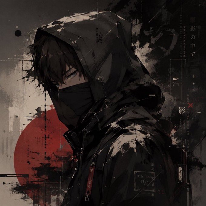 A dark, atmospheric anime-style illustration of a hooded figure wearing a face mask with Japanese text including '影の中で' (In the Shadow) overlaid on the artwork.
