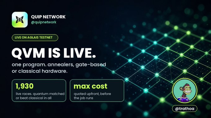 A promotional graphic from Quip Network (@quipnetwork) announcing "QVM IS LIVE" on a Glais Testnet, highlighting features like 1,930 live races and quoted upfront max cost, with a green quantum grid background and a @trathoa character avatar.
