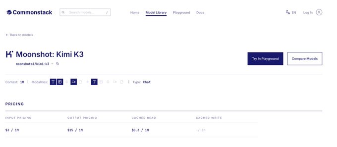 Commonstack Model Library webpage displaying 'Kimi K3' by moonshotai/kimi-k3 with pricing of $3/1M input, $15/3M output, and $0.3/1M cached read.
