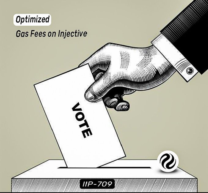 A black-and-white illustration of a hand dropping a ballot labeled 'VOTE' into a box, with text reading 'Optimized Gas Fees on Injective' and a reference to 'IIP-709'.