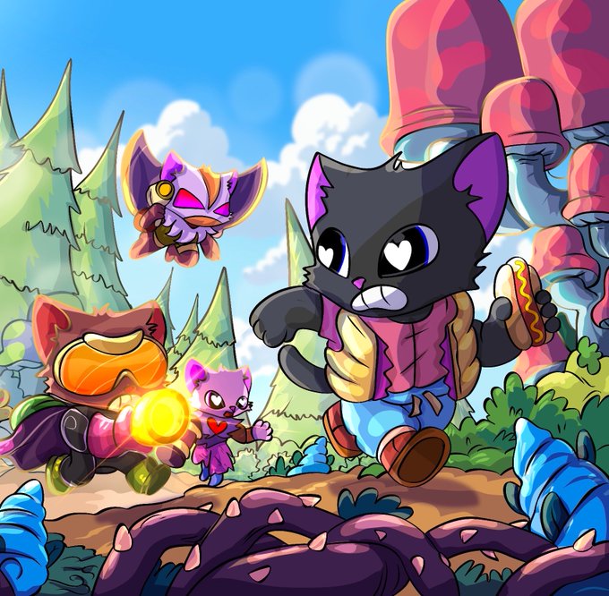 A cartoon illustration of cute anthropomorphic characters—a black cat holding a hot dog, a purple bat-like creature, a cat in an orange hoodie, and a small pink cat—running through a colorful forest with giant mushrooms.