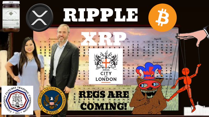 A promotional graphic featuring the text 'RIPPLE XRP', 'REGS ARE COMING!', and 'CITY OF LONDON', alongside logos for XRP, Bitcoin, CFTC, and a puppet master controlling a marionette.