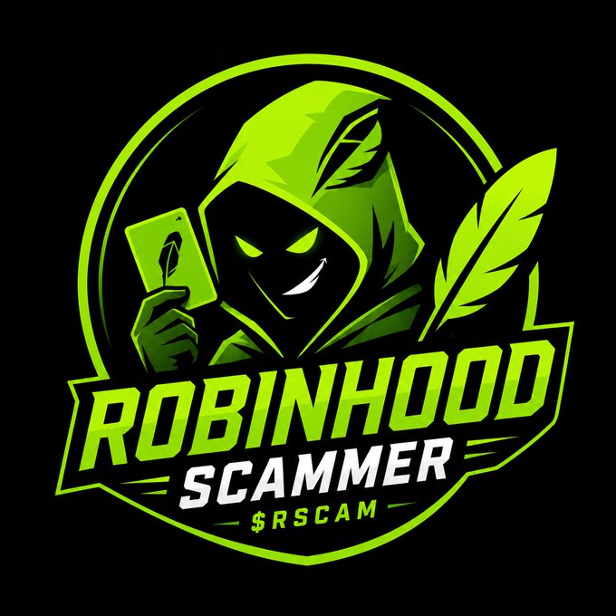 A gaming/esports-style logo featuring a hooded green figure holding a card, branded 'ROBINHOOD SCAMMER $RSCAM' on a black background.