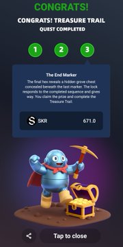 The image shows a "Congrats! Treasure Trail Quest Completed" screen from the TokenRun app, displaying the "The End Marker" reward with a payout of 671.0 SKR tokens. An animated miner character stands triumphantly with a pickaxe and treasure chest, celebrating the completion of the treasure trail quest mentioned in the post.