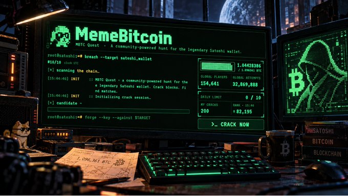 A stylized cyberpunk image showing a computer monitor displaying 'MemeBitcoin MBTC Quest - A community-powered hunt for the legendary Satoshi wallet' with hacker-themed graphics and Bitcoin references.