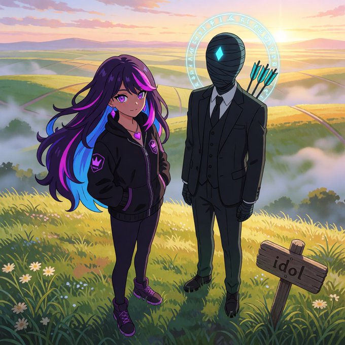 A girl with purple and blue hair stands beside a faceless figure in a black suit with arrows on its back, in a sunny grassy field with a wooden sign reading "idol." The image symbolizes community and creative collaboration, tying into the post's call for Web3 and AI art enthusiasts to join their supportive network.