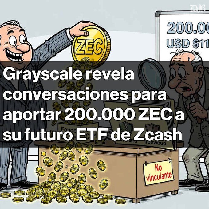 Cartoon illustration with Spanish text 'Grayscale revela conversaciones para aportar 200.000 ZEC a su futuro ETF de Zcash' depicting a man pouring ZEC (Zcash) coins into a box labeled 'No vinculante', with a presentation board showing '200.000 USD $11' in the background.