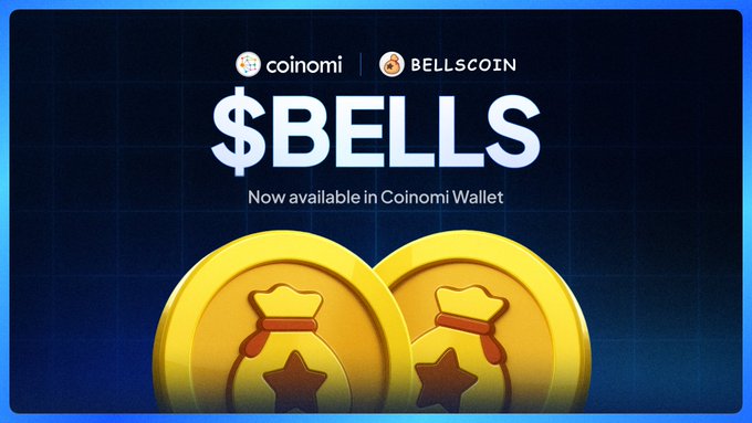 A promotional graphic for $BELLS cryptocurrency, now available in Coinomi Wallet, featuring two gold bells coins on a blue background.