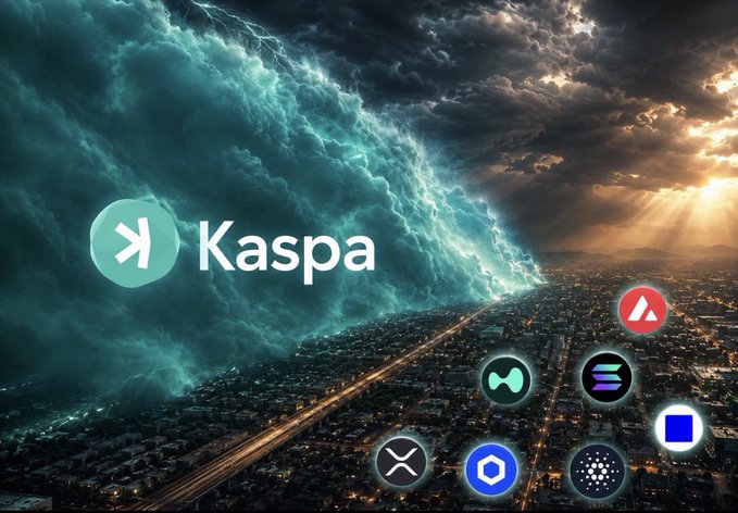 A dramatic split image showing a massive teal tsunami wave colliding with sunlit city clouds, overlaid with the Kaspa logo and various cryptocurrency icons (XRP, AVAX, XLM, SOL, ADA, and others), symbolizing Kaspa's powerful market impact. The apocalyptic "wave vs. city" composition visually reinforces the post's claim of a historic moment for $KAS and #Kaspa.