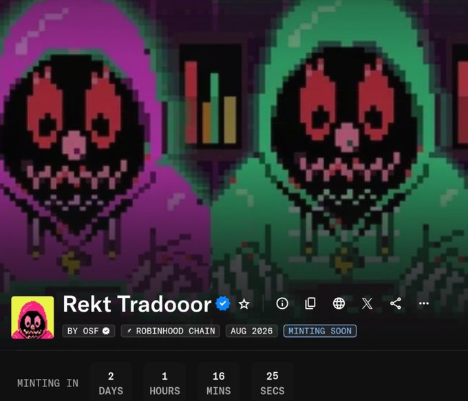 A pixel art NFT display showing two skeleton-like hooded figures (one purple, one green) for 'Rekt Tradooor' by OSF on the Robinhood Chain, with minting countdown of 2 days, 1 hour, 16 mins, 25 secs.
