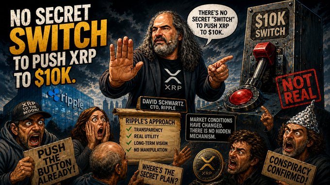 A meme-style graphic with the headline 'NO SECRET SWITCH TO PUSH XRP TO $10K,' showing David Schwartz, CTO of Ripple, holding up his hand in a stop gesture, with surrounding characters holding signs like 'PUSH THE BUTTON ALREADY!' and a large switch labeled '$10K SWITCH' marked 'NOT REAL.'
