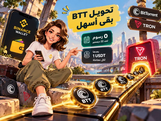 A stylized illustration shows a woman holding a phone next to a Binance Wallet logo, with Arabic text reading "تحويل BTT بفي أسهل" (Transfer BTT made easier), advertising "0 رسوم لمدة 22 ديسمبر" (0 fees until December 22) and "بديلا يغطي 1 USDT لكل عملية" (1 USDT coverage per transaction), alongside BitTorrent (BTT) and TRON coin graphics. The image directly supports the post's message by visually highlighting Binance Wallet's solution to the common problem of lacking the secondary currency needed to pay gas fees when transferring TRC-20 BTT on the TRON network.