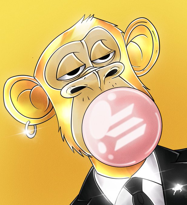 A stylized golden monkey wearing a black suit and earring blows a pink bubble gum bubble featuring the Solana logo, visually representing the "Golden Ape" meme tied to the Solana ecosystem.
