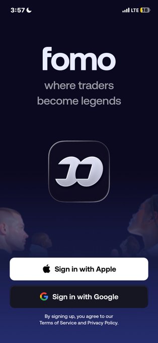 A mobile app login screen for "fomo - where traders become legends" features a silver logo and offers "Sign in with Apple" and "Sign in with Google" buttons, with the time showing 3:57.
