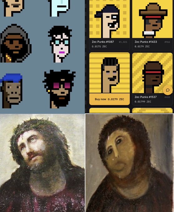 A four-panel image comparing pixelated CryptoPunks and Zec Punks NFTs to famous botched art restoration paintings.
