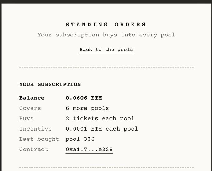 A screenshot of a webpage titled 'STANDING ORDERS' showing subscription details including 'Balance 0.0606 ETH', 'Covers 6 more pools', 'Buys 2 tickets each pool', and 'Contract 0xa117...e328'.