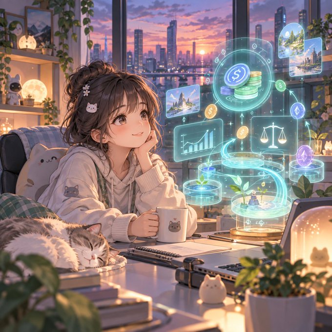 An anime-style illustration of a young woman with a cat in a cozy room at sunset, looking at glowing holographic financial charts, coins, and scales of justice floating from her laptop.
