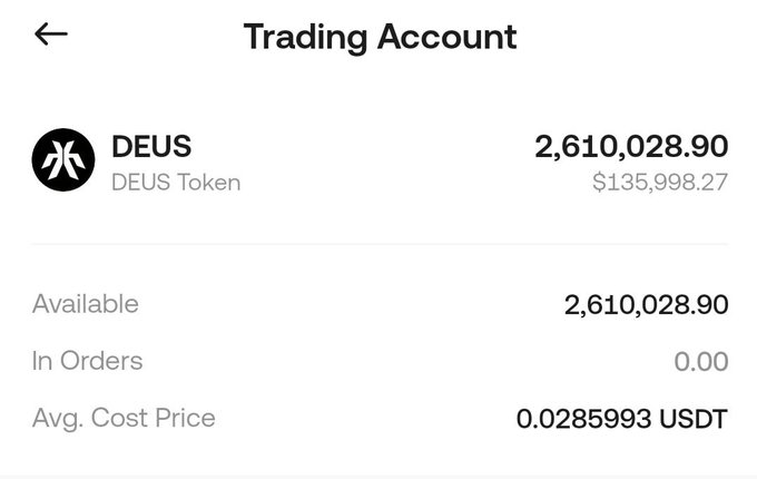 The image shows a screenshot from an Android app displaying information related to trading account balances for DEUS tokens. The summary text on the screen explains that the trading account balance is $2,106,983.00. This amount includes various orders placed in different cryptocurrencies at different prices and costs. It is important to note that this image does not provide any additional details about what transactions or types of coins were involved with these balances. The main focus remains on the account balances for DEUS tokens.
