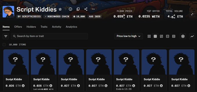 A screenshot of the OpenSea NFT marketplace for a collection called 'Script Kiddies' by SCRIPTKIDDIES on Robinhood Chain, showing floor price 0.039 ETH and total volume 4.6K ETH.