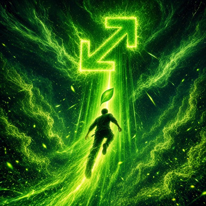 Digital art depicting a figure ascending toward a glowing green arrow pointing up and right, surrounded by swirling green energy and floating leaves.