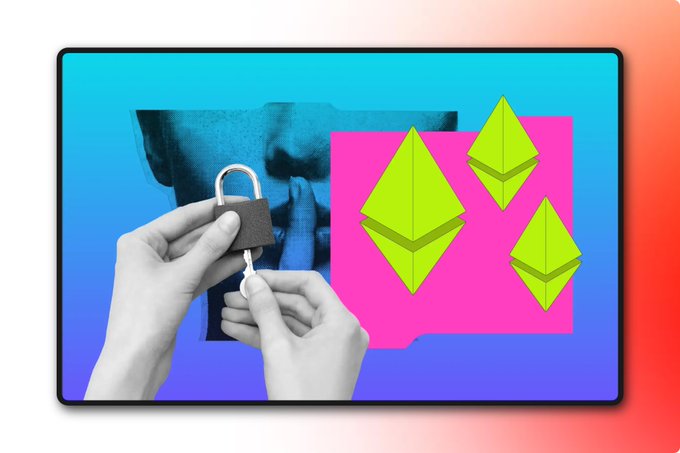 A digital collage on a laptop screen showing a hand holding a padlock over a photo of another hand, alongside three yellow Ethereum logos on a pink background.