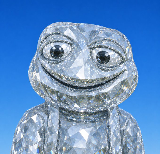 A faceted crystal toad figurine with a smug smile and large reflective eyes glimmers against a bright blue sky, visually embodying the "$TOAD" meme coin referenced in the post about diamond-handed patience during market downturns.