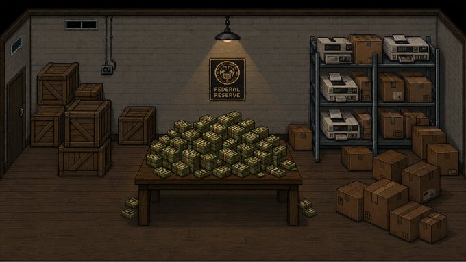 The image is a pixel-art illustration of a dimly lit Federal Reserve vault room, featuring wooden crates stacked on the left, cardboard boxes piled on the right, and a central table piled high with neat stacks of cash under a hanging lamp that illuminates a "FEDERAL RESERVE" emblem on the brick wall. The image ties into the post's giveaway promotion by visually representing wealth, luck, and high-value rewards, symbolizing the "10x GTD" (10x guaranteed) prize pool and the enticing opportunity to win whitelist spots for the upcoming mint with 10K supply.
