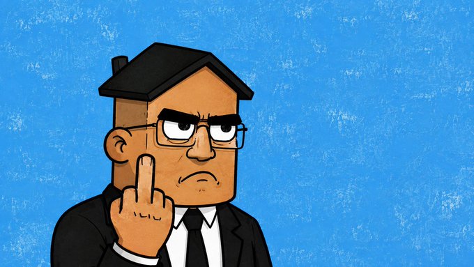 An animated cartoon character with a house-shaped head, wearing glasses, a black suit, and tie, giving the middle finger against a textured blue background.