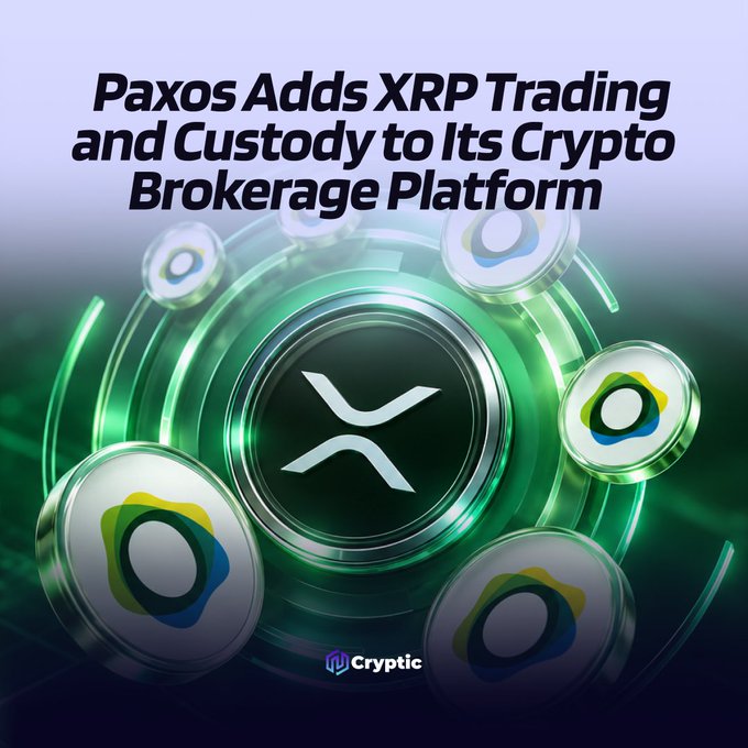 A promotional graphic from Cryptic features the headline "Paxos Adds XRP Trading and Custody to Its Crypto Brokerage Platform," displayed above a stylized image of the XRP cryptocurrency logo surrounded by other digital coins with glowing green accents, illustrating Paxos's expansion to offer XRP services to its financial institutional partners.