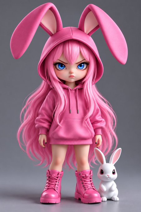 A pink-haired chibi-style character with bunny ears, a pink hoodie, and pink boots stands next to a small white bunny, embodying a cute yet determined "gm frens" morning greeting vibe with its confident stance.