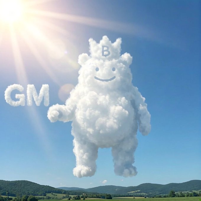 A whimsical cloud-shaped figure wearing a crown with the letter 'B' floats in the sky above green hills, with the text 'GM' formed from clouds beside it.