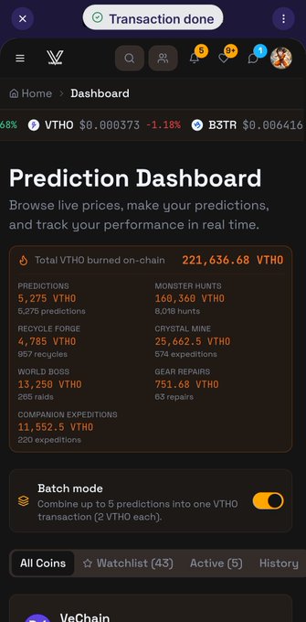 A Prediction Dashboard showing VTHO at $0.000373 (-1.18%) and B3TR at $0.006416, with a total of 221,636.68 VTHO burned on-chain across categories like Predictions, Monster Hunts, Recycle Forge, and Crystal Mine.
