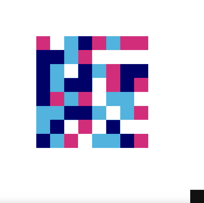 A pixelated abstract design composed of pink, dark blue, light blue, and white squares arranged in an irregular pattern on a white background.