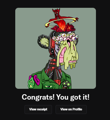 A pop-up screen displays 'Congrats! You got it!' with a grotesque cartoon illustration of a samurai-like figure with multiple eyes and green slime, set against a teal background.