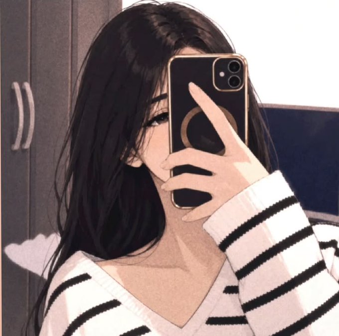 An anime-style illustration of a girl with long dark hair taking a mirror selfie with her smartphone while wearing a black and white striped sweater.