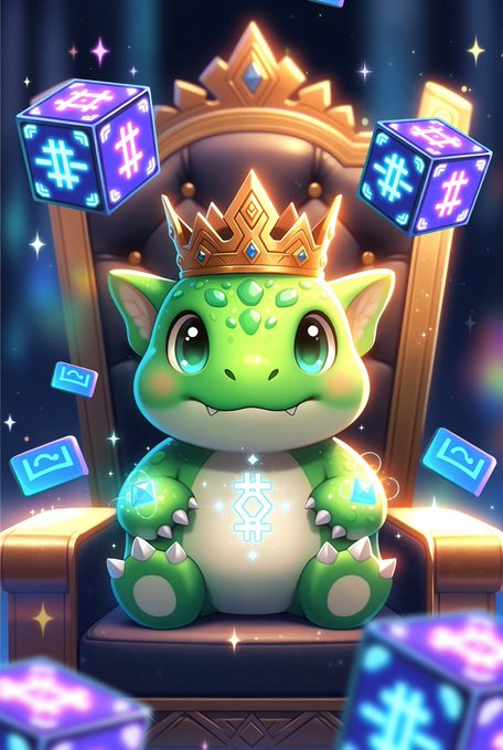 The image features a small green dragon plush toy sitting on a chair with a crown on its head, surrounded by blue cubes that are shaped like blocks or dice. The dragon appears to be wearing a crown, which adds an element of fantasy and magic to the scene. The background is dark, creating a sense of mystery and enhancing the visual impact of the dragon's presence in the image.